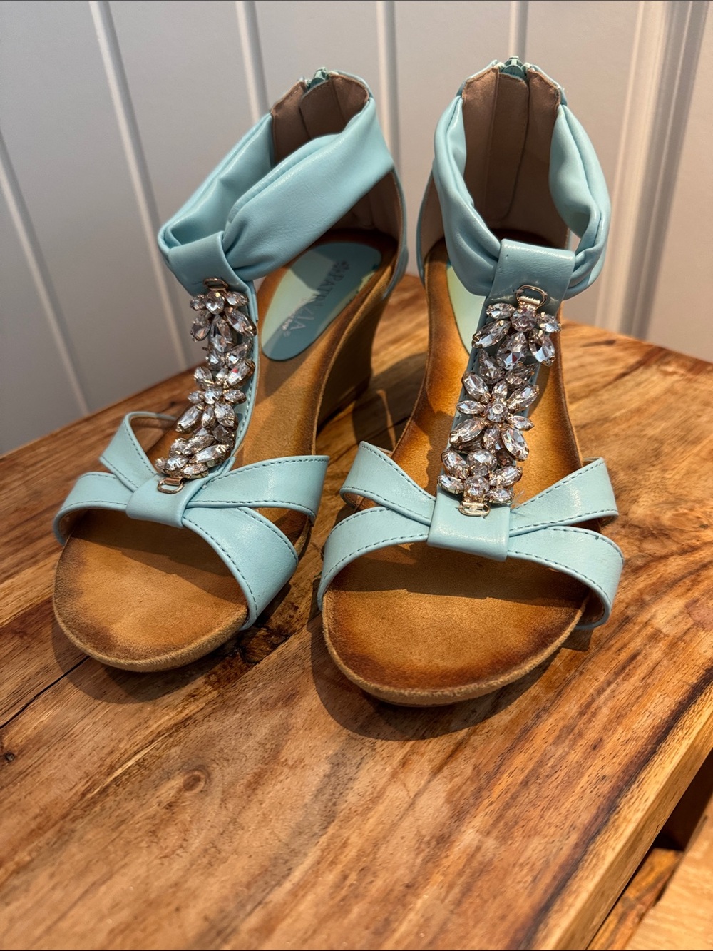 Womenโs Light Blue Jeweled T-Strap Wedge Sandals 37